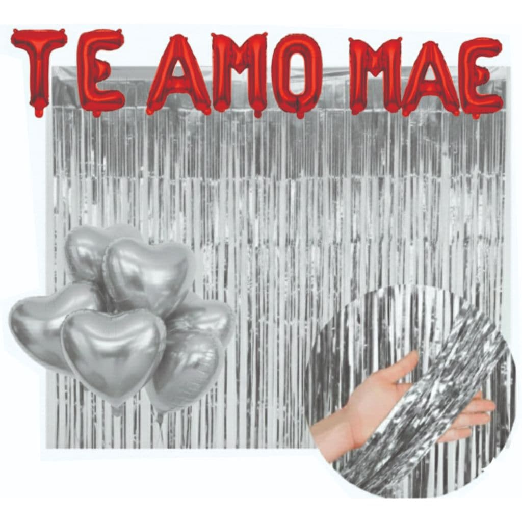 Kit balão metalizados Decoração DIA DAS MÃES 2 Cortinas 5 Balões Coração Balões TE AMO MAE