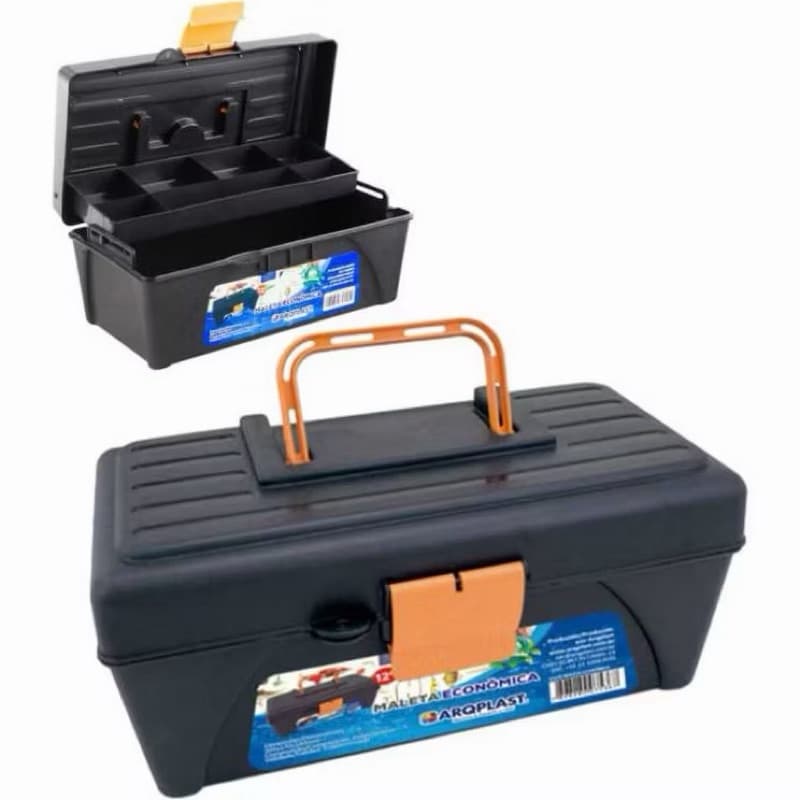 Maleta com bandeja de plastico organizadora / ferramentas /pescaria preta e laranja 30,5X13X15,5CM