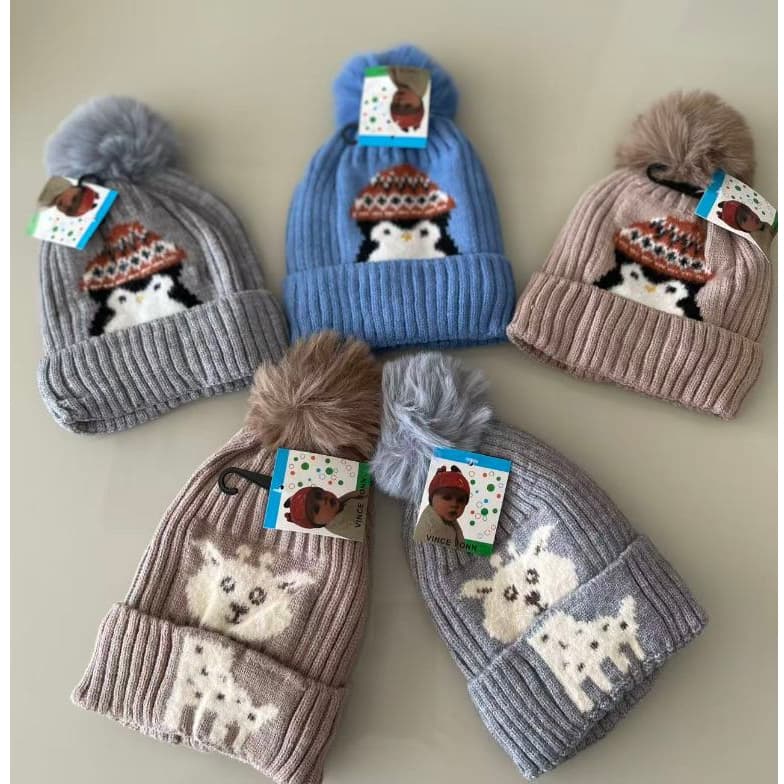 Touca Infantil Masculina de Inverno com Pompom Estampa Animal Tricô Quente