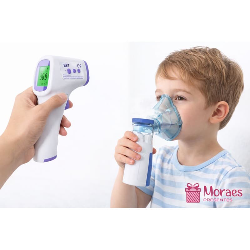 Kit saúde infantil com termômetro digital e nebulizador portátil silencioso.