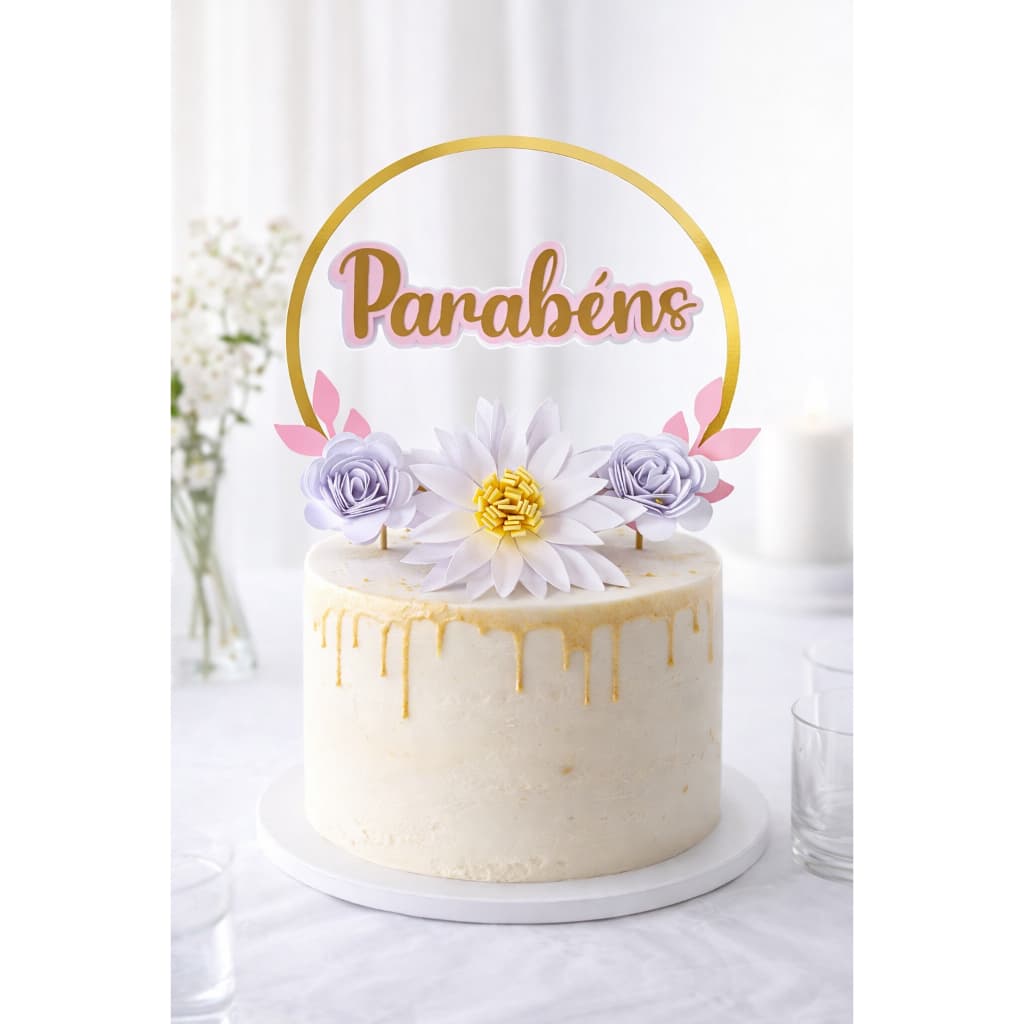 Topo/Topper de bolo personalizado com flores de papel/Parabéns/Dia das Mães/ Nome