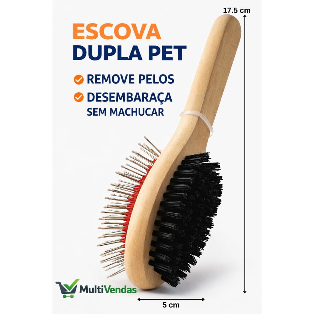 Escova Dupla para Cães e Gatos 17,5cm – Cabo de Madeira Resistente com Pinos de Aço