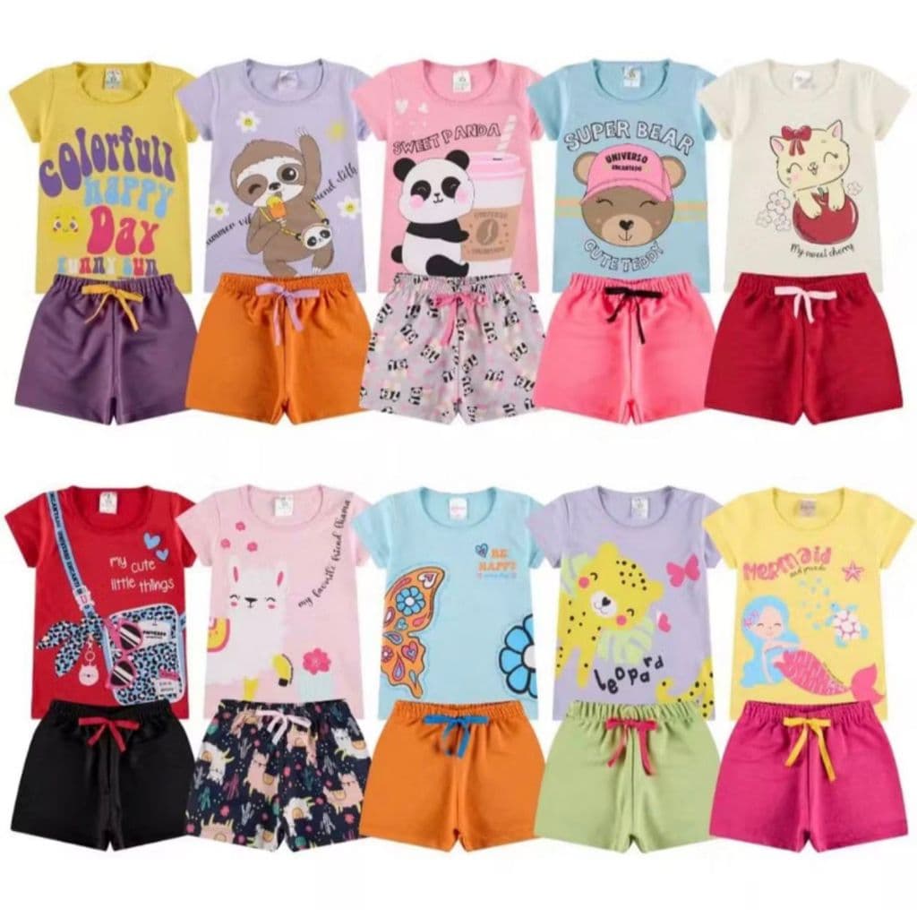 Kit 10 Peças Roupas Infantil Menina Sortido Verão - 5 Camisetas + 5 Shorts - Criança Feminina Para Parque Escola