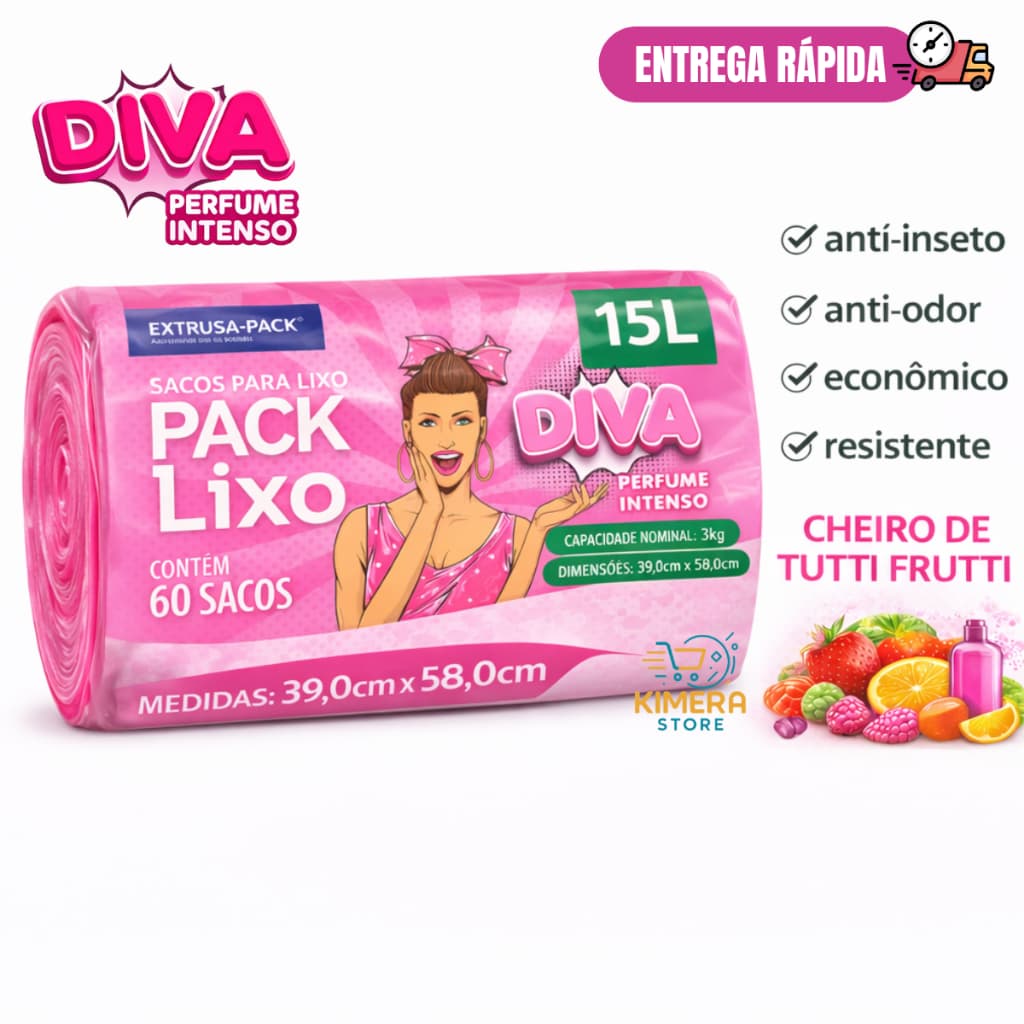 Saco de Lixo Perfumado 15L Rosa Diva  60 sacos Neutraliza Odores Perfumado Resistente Cozinha Anti- Inseto
