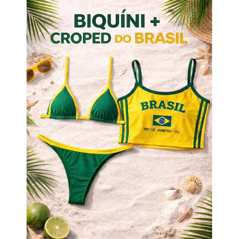 Kit Biquíni Brasil + Croped Marquinha Ajustável Forrado Conjunto 3 peças Moda Praia tecido suplexCopa do mundo Brasil🇧🇷