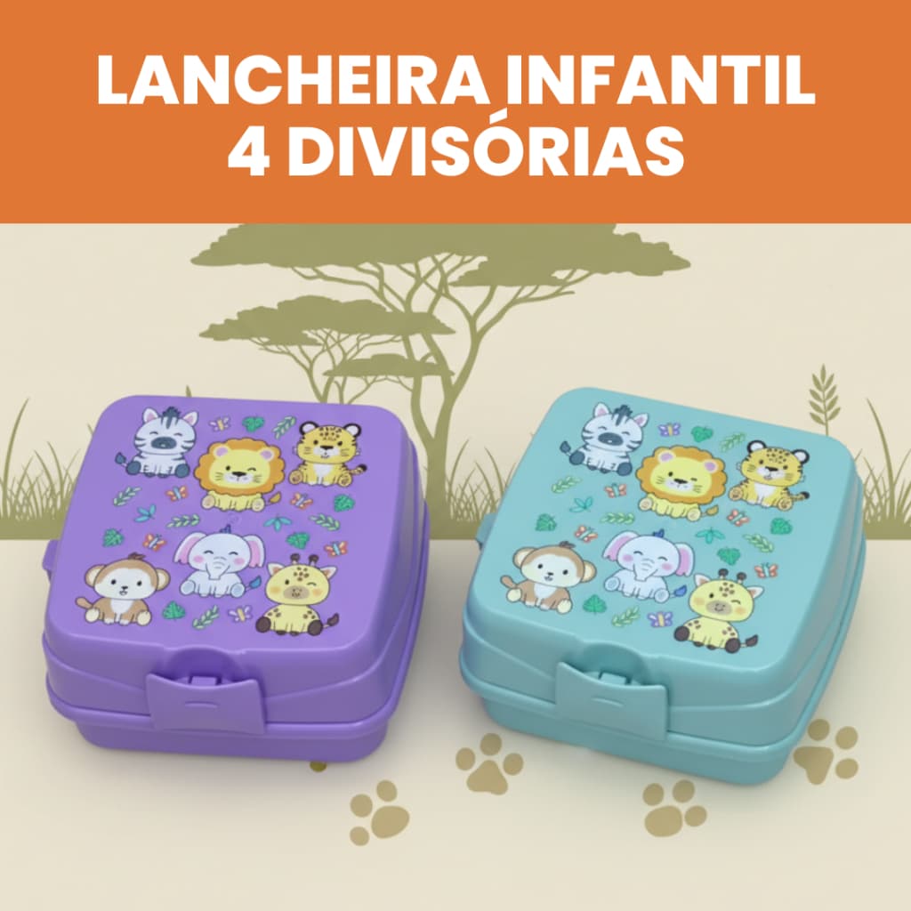 Lancheira Infantil Safari Capivara Colorida 4 Divisórias Escola Creche Pré Lanche Divertido Animais