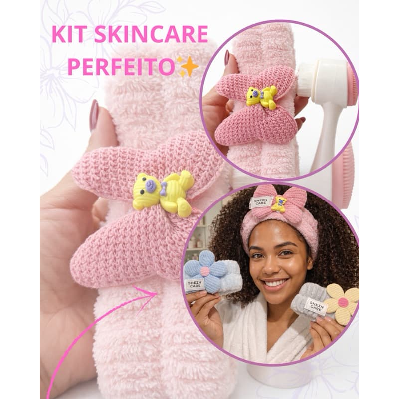 Kit Skincare Faixa de Cabelo Pelúcia + Escova Facial Manual Limpeza Profunda Rosto Spa Day