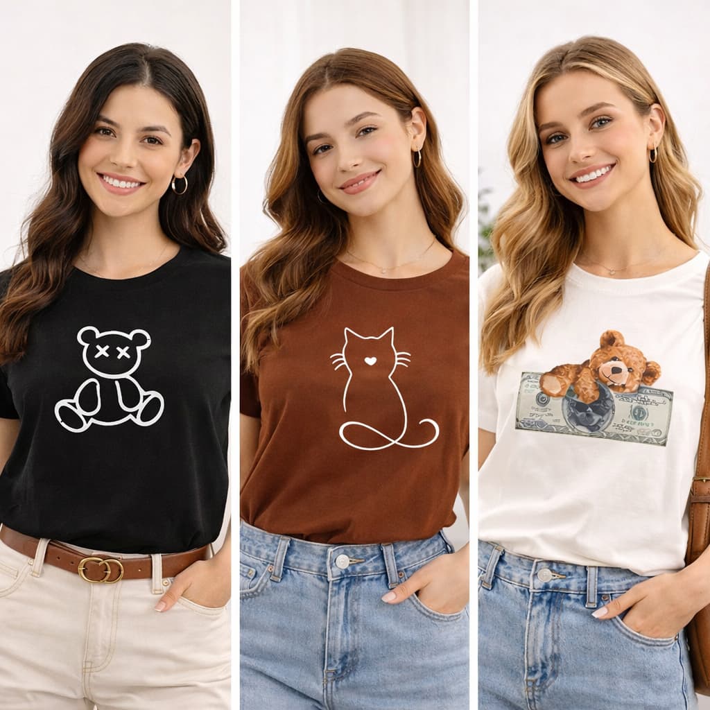 Kit 3 Camisetas Femininas Baby Look Algodão Premium Estampadas Urso Gatinho Ursinho do Dinheiro Off White Moda Casual