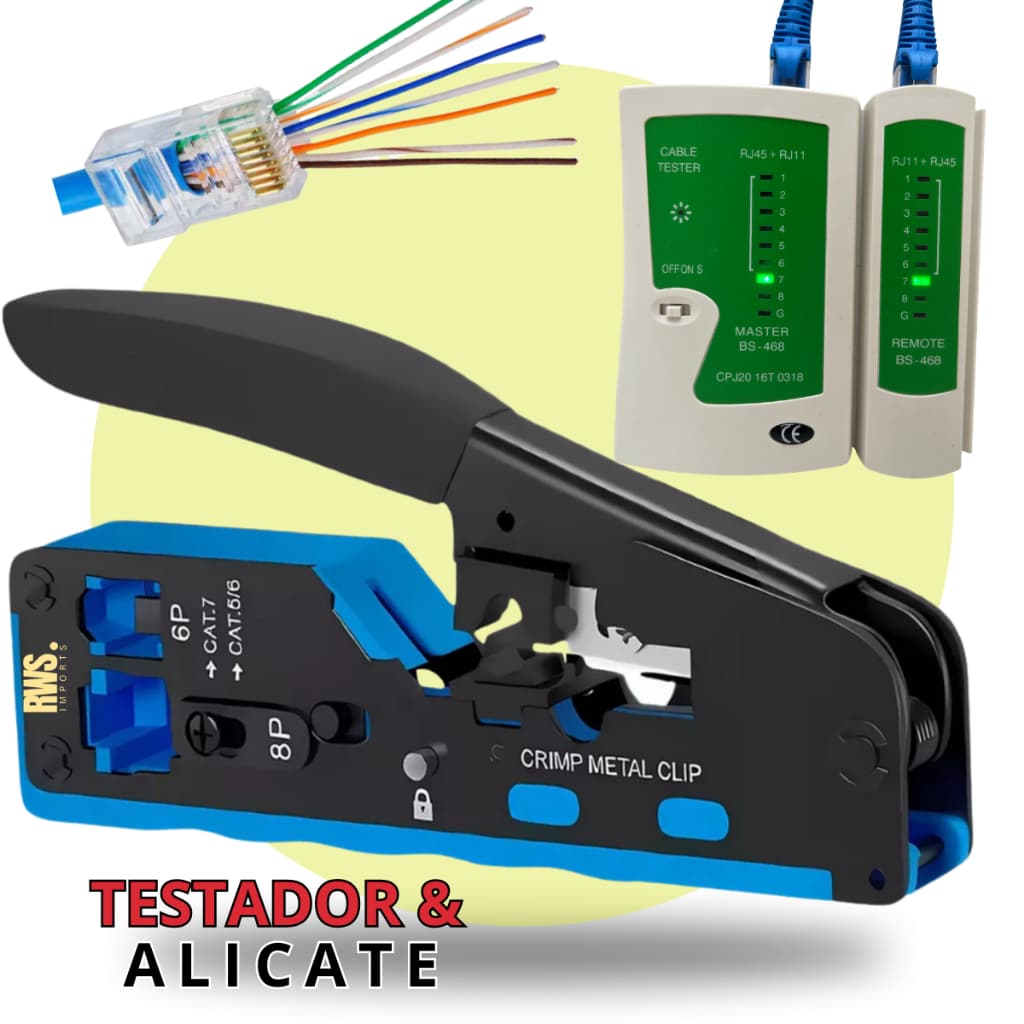 Kit Alicate Crimpar Rj45 Vazado Rj11 Cat5 Cat6 Cat7 + Testador de Cabos Rede Profissional e Robusto