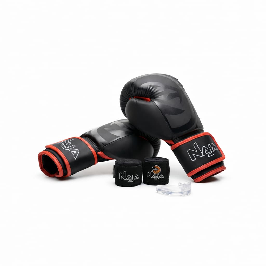 KIT Luva Boxe Black + Bandagem + Bucal +  Bag - Naja