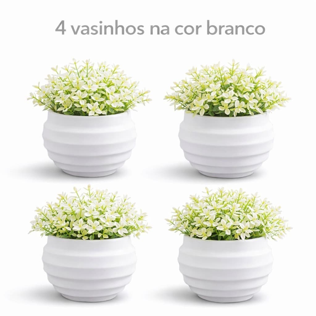 Kit 4 Mini Plantas Brancas Decorativas Artificial com Vaso Branco Flores Vasinho Realistas Enfeite