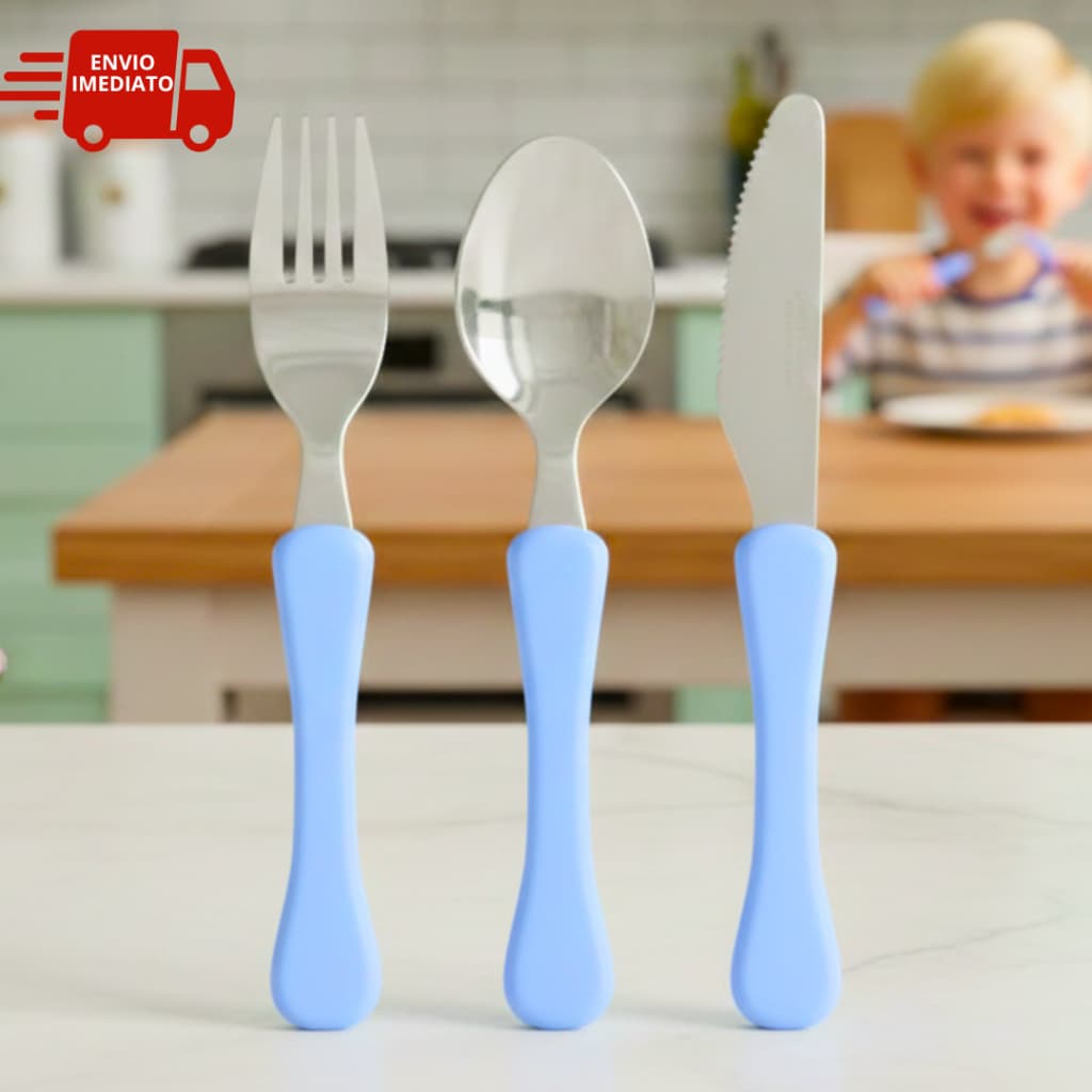 Kit Garfo + Faca + Colher Conjunto Talheres Infantis Azul ou Personagens Lancheira Escola Aulas