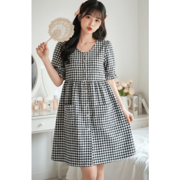 vestido xadrez bufante retrô soft girl romântica coquette y2k aesthetic japones coreana harajuku