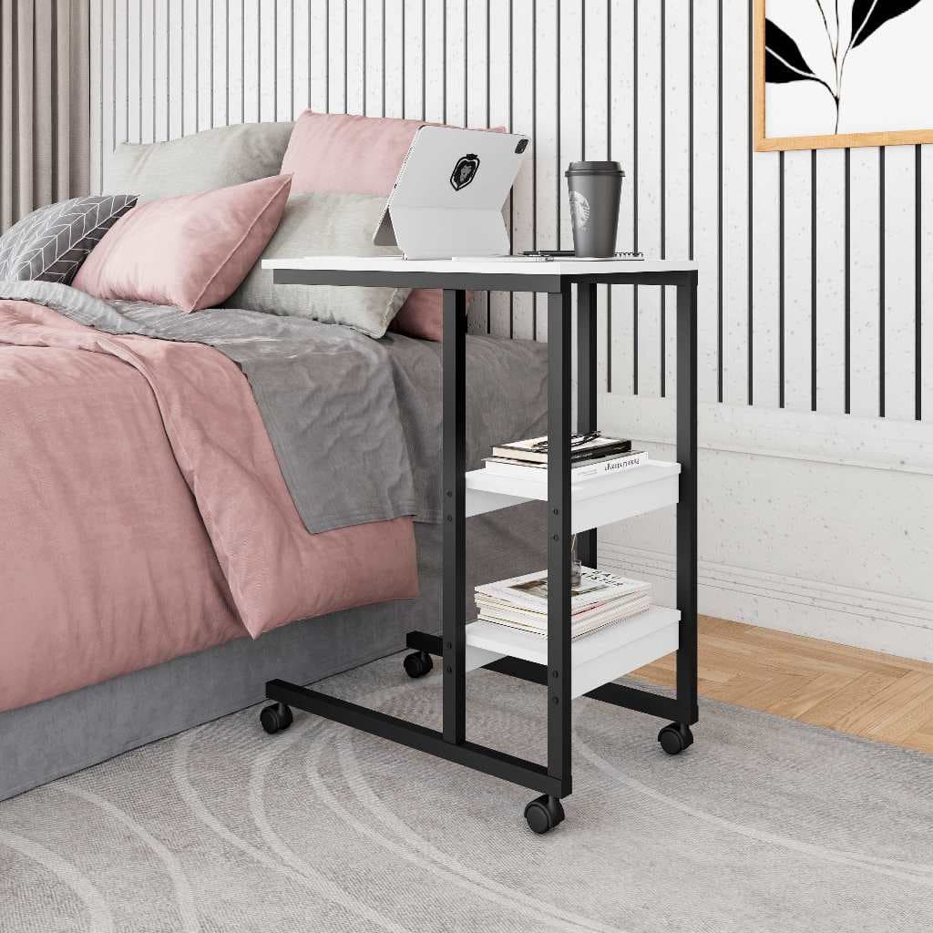 Mesa Auxiliar Lateral para Cama Sofá com Rodízios e  3 Prateleiras Sofá
