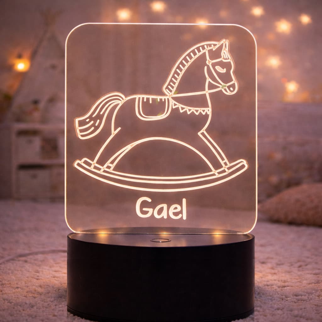 Luminária Acrílica LED Personalizada Infantil - Tema Cavalinho com Nome