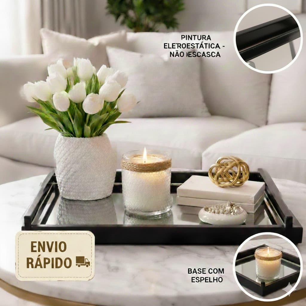 Bandeja Decorativa Espelhada com Alças Elegante Sofisticada Bandeja Decorativa Espelhada com Alças