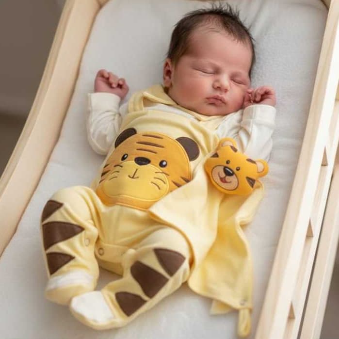 Macacão Bebê Menino Tigre Manga Longa com Naninha Sensação Bordado Amarelo Tam P