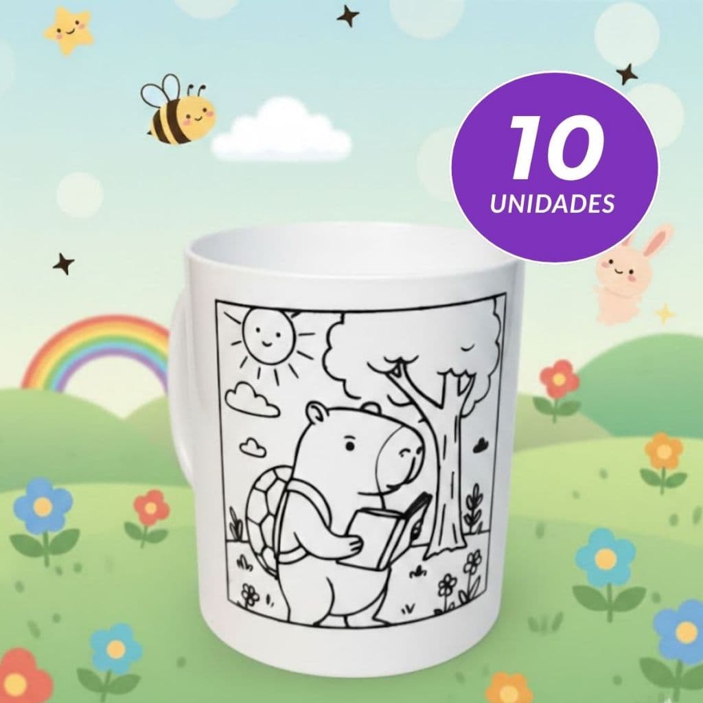 Kit 10 caneca plastica para colorir pintar desenho capivara caneca infantil escolar merenda caneca interativa