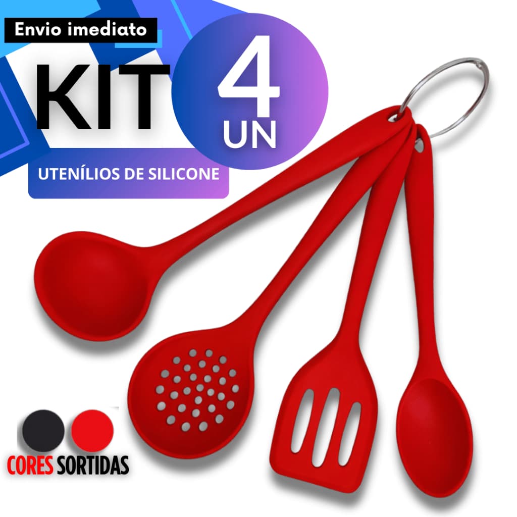 Conjunto/Kit/Jogo de Utensílios Silicone 4pçs Colher Concha Espátula Escumadeira Cozinha Vermelho/Preto
