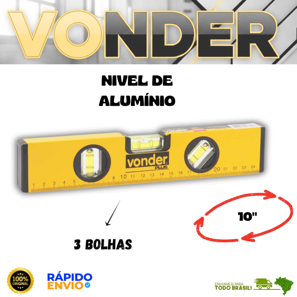 Nivel De Alumínio Com Base Magnetica 10'' Plus 3 Bolhas Vonder Oferta Premium Resistente