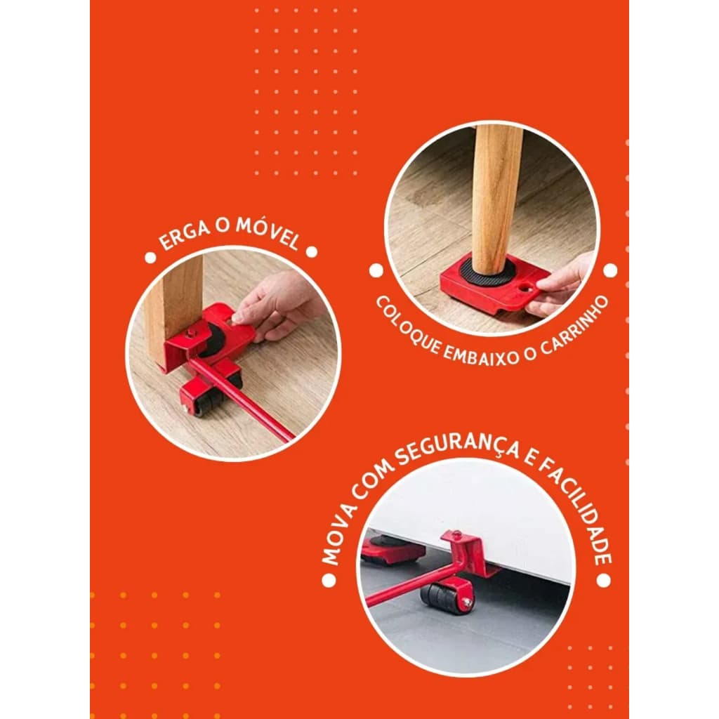 Kit Mover Móveis Pesados Com Rodinhas 5 Pecas Pratico Movimentacao Facil Vermelho