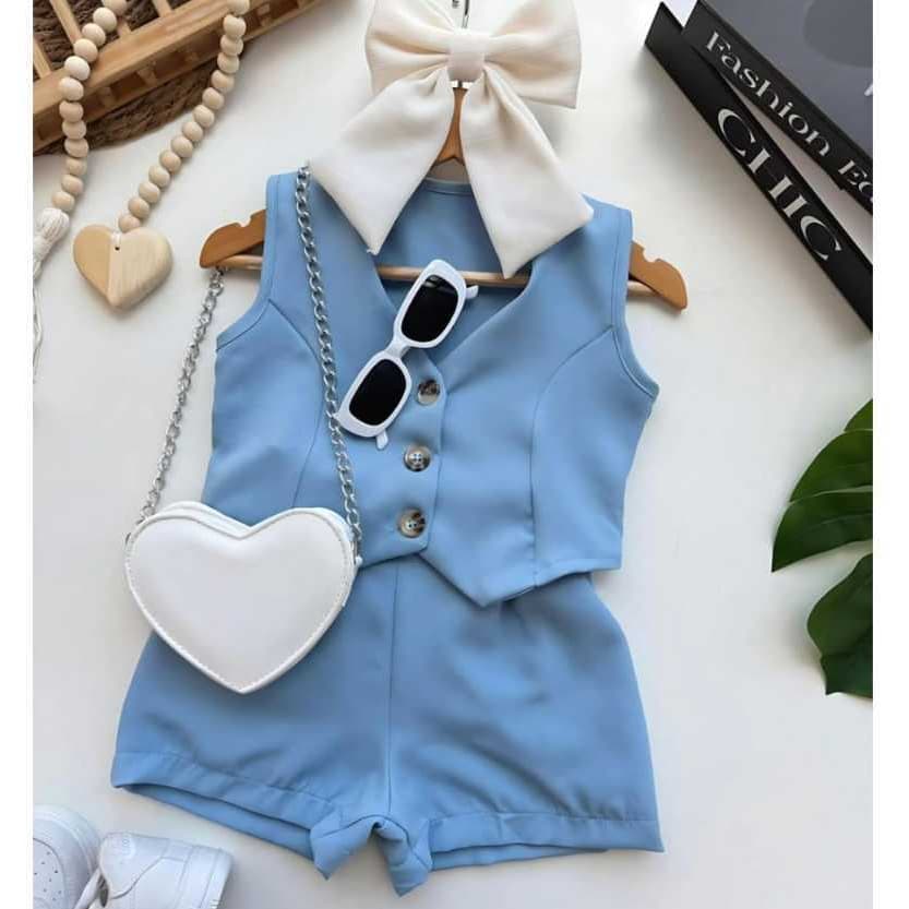 Conjunto Infantil Menina Alfaiataria Blusa Colete e Short Elástico com Bolso Moda Verão!