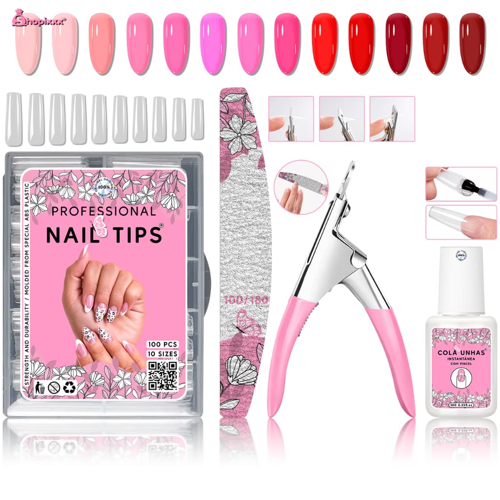 Kit Alongamento Cola com Pincel + 100 Unhas Tips Postiça Curvatura C + Alicate Cortador De Unha Tips  Lixa Unha Bumerang
