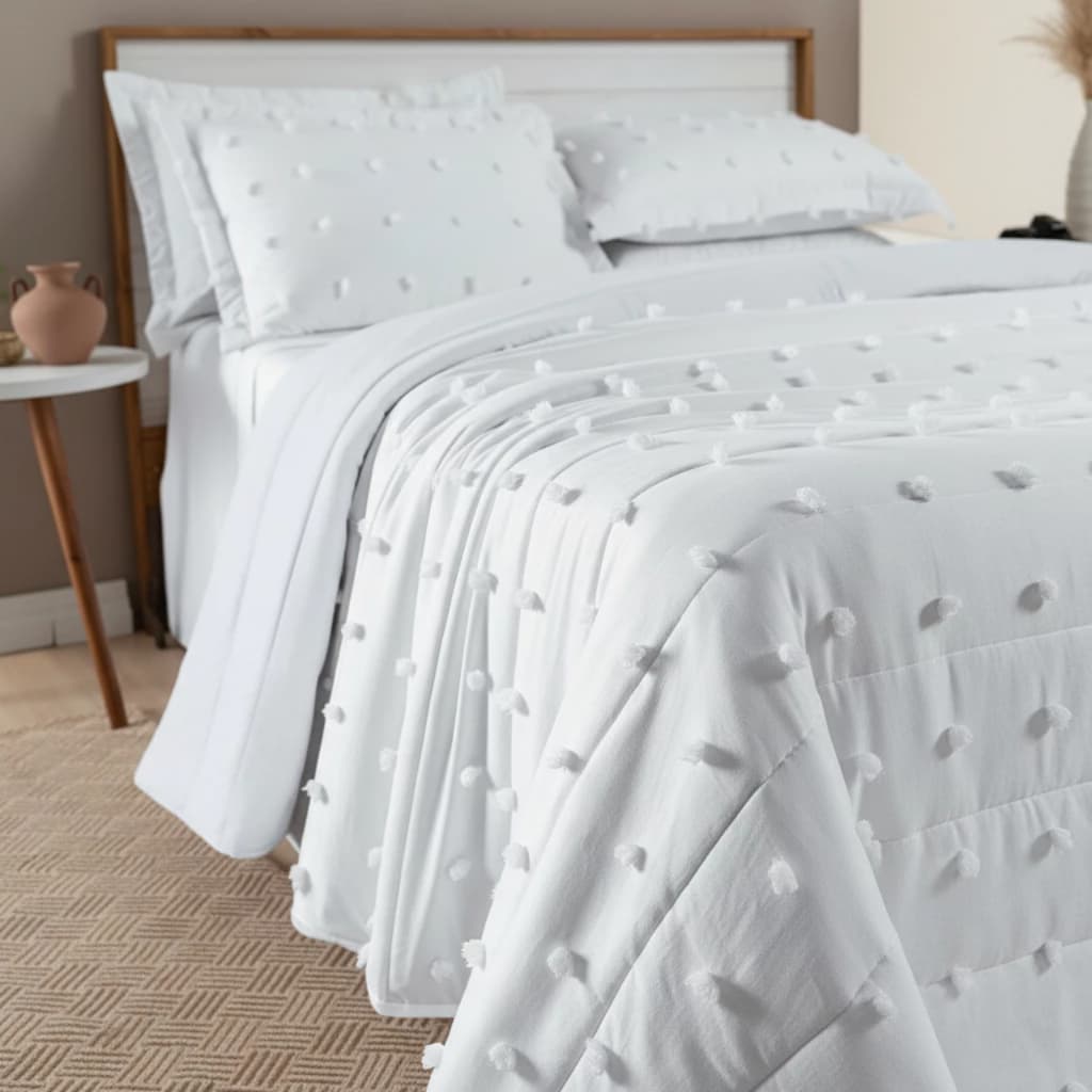 Cobre leito Pompom Branco CASAL QUEEN ou KING Colcha dupla face Micropercal 3 Peças 300 fios