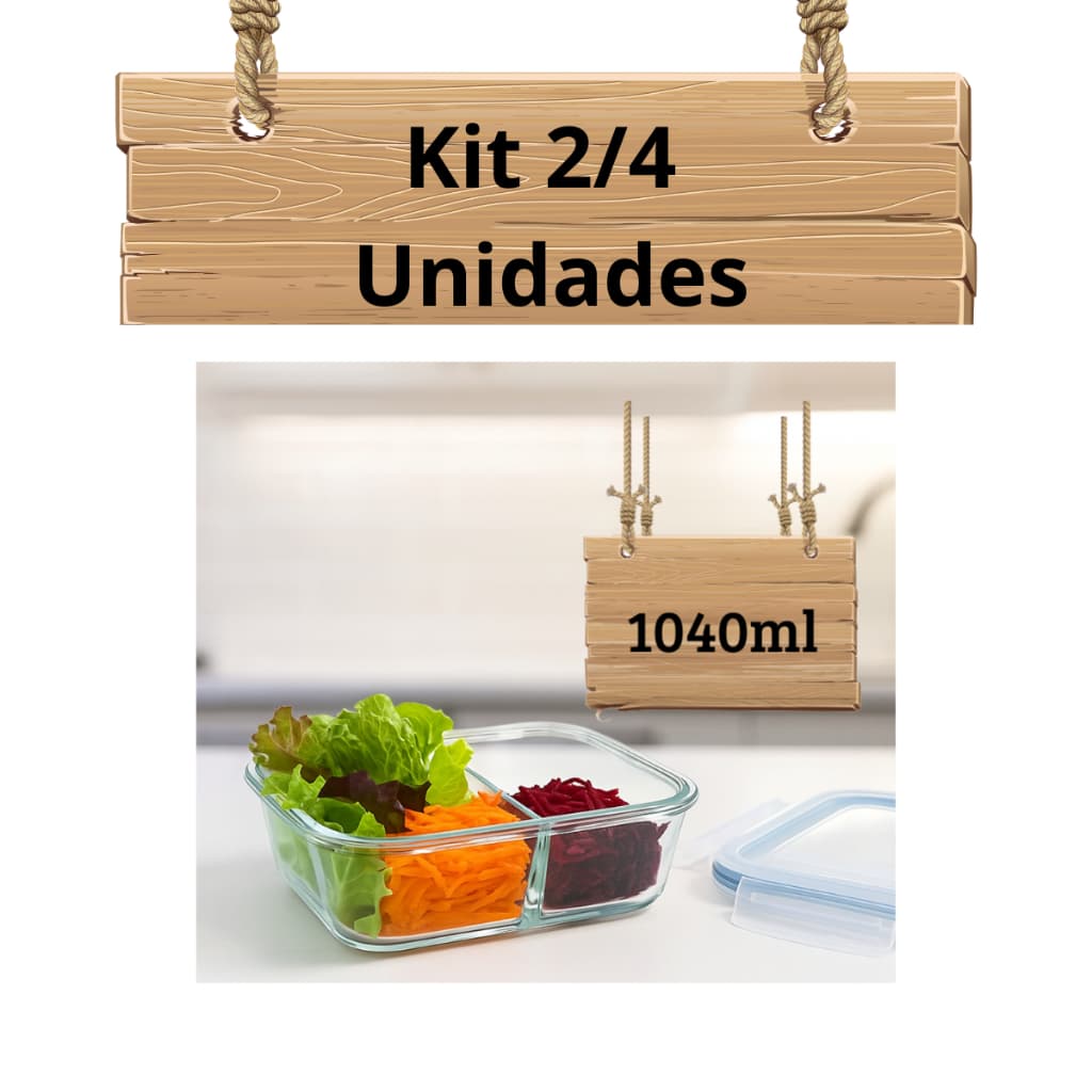 Kit 2/4 Potes De Vidro Refratário Hermético 1040ml Com Divisória E Travas