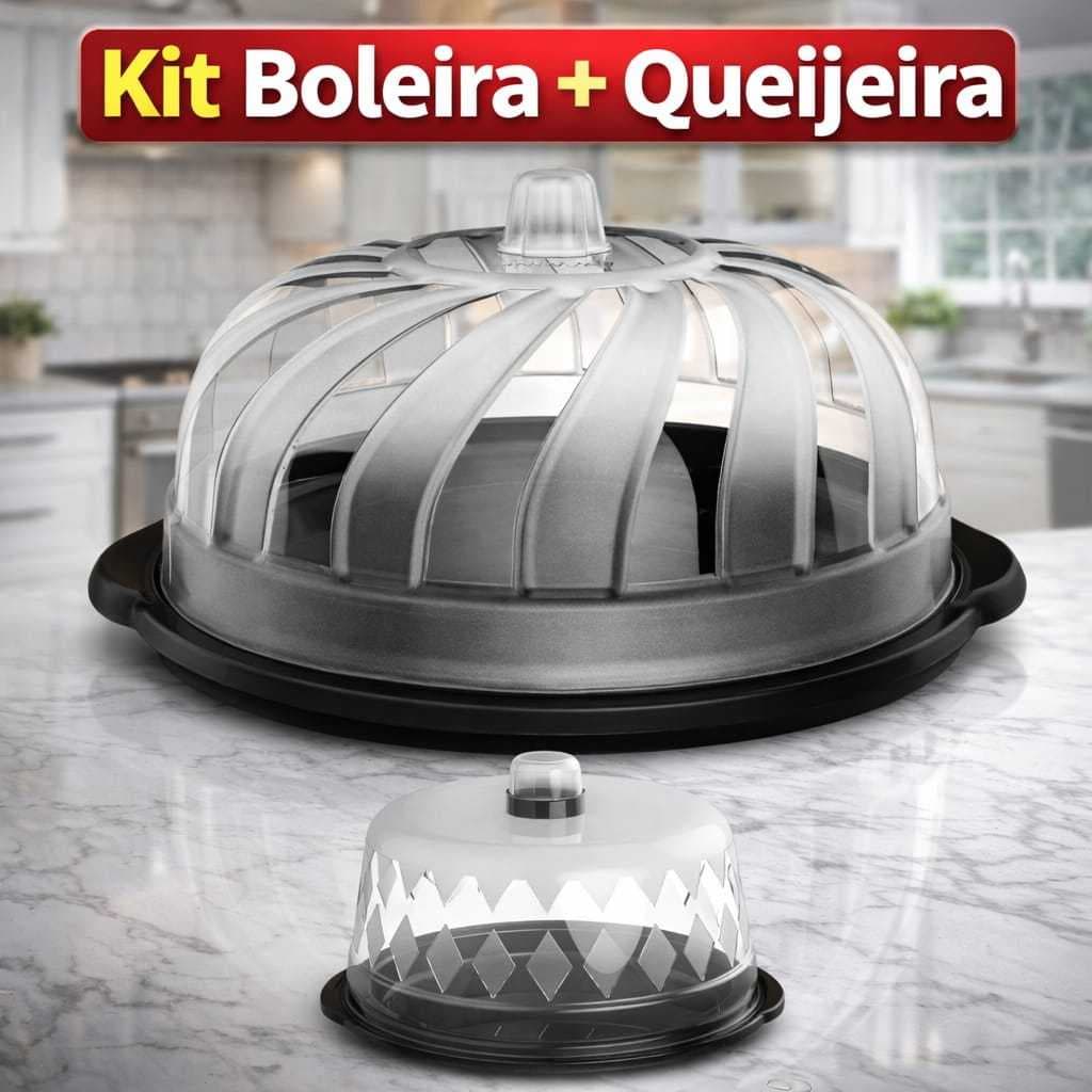 Kit Com 1 Boleira Com Tampa Bolo Gourmet + 1 Queijeira Porta Queijo Com Tampa Decorativa Proteção Alimentos Resistente