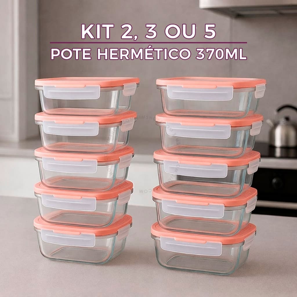 Kit 2 3 ou 5 Potes Hermético 370ml Vidro Retangular 4 Travas