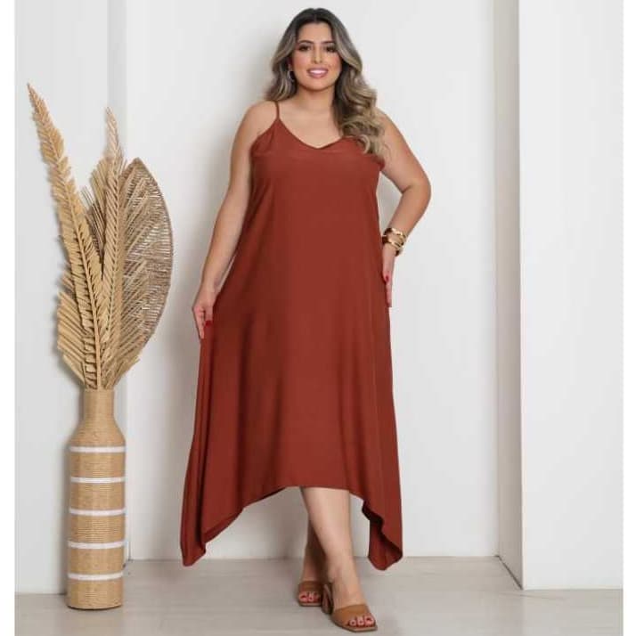 Vestido Longo Feminino Plus Size Viscose Sarja Alça Fina Soltinho Elegante Leve Macio Moda Curve