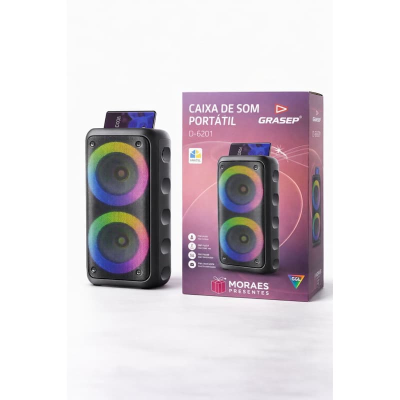 Caixa Grasep D-6201 30W, Bluetooth 5.0, FM, USB, Micro SD, mic, bateria 3000mAh. Som potente e portátil.