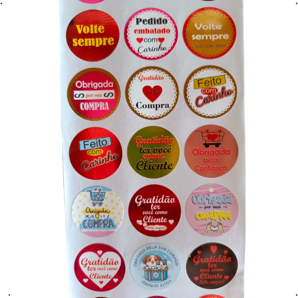 Mix Adesivos de Gratidão - MIMOS PARA CLIENTES 3x3cm –15 Modelos Exclusivos em 1 só Kit - ROLO C/500