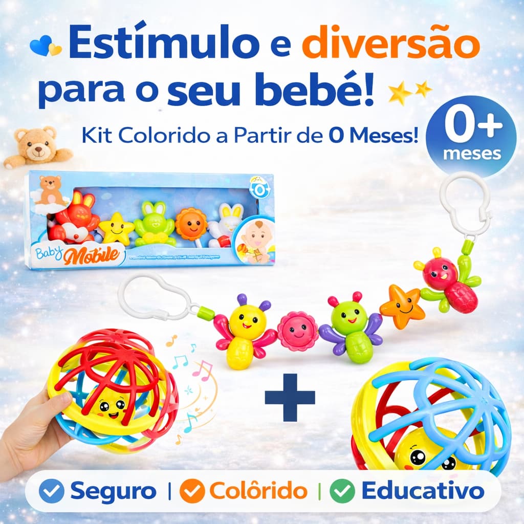 Móbile Para Berço E Carrinho Coloridos Kit Para Bebê com Bolinha Chocalho de Silicone