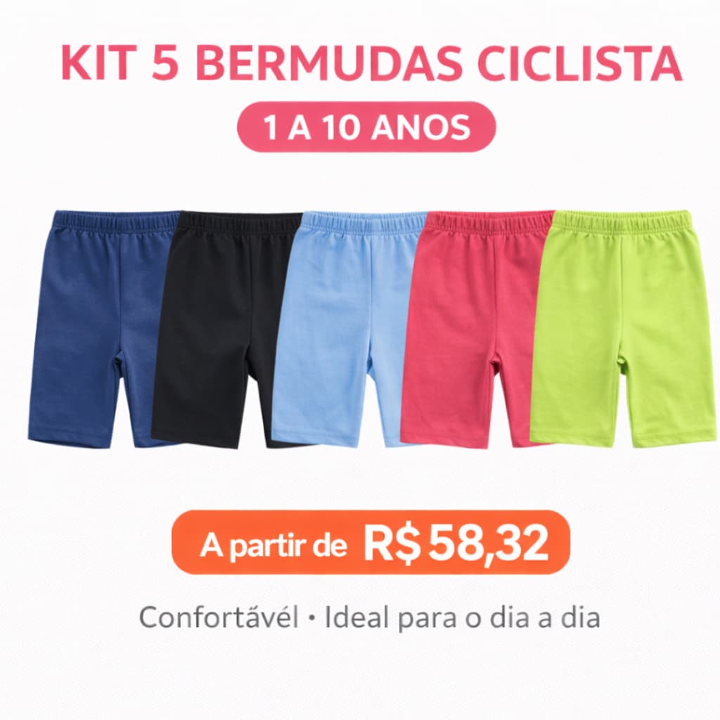 Kit 5 Bermudas Ciclista Infantil Menina 1 a 10 Anos Verão Confortável Sortida