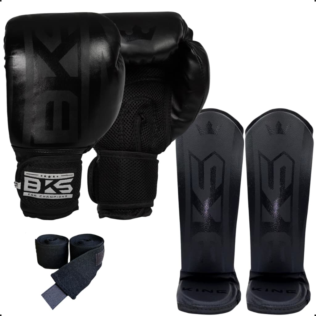 Kit Luva De Boxe BKS Kickboxing Muay Thai + Caneleira + Bandagem Elástica 3 metros 8/10/12/14/16oz