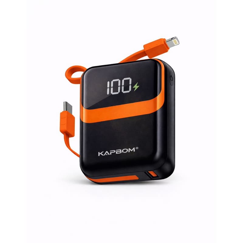 Power bank 10000mAh 22.5W turbo com display digital e cabos integrados. Carregamento rápido.