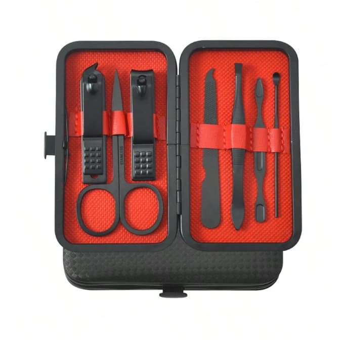Kit Cortador de Unha Portátil em Aço Inox - Manicure Estojo Preto Masculino Cutícula Tesoura 7 Peças