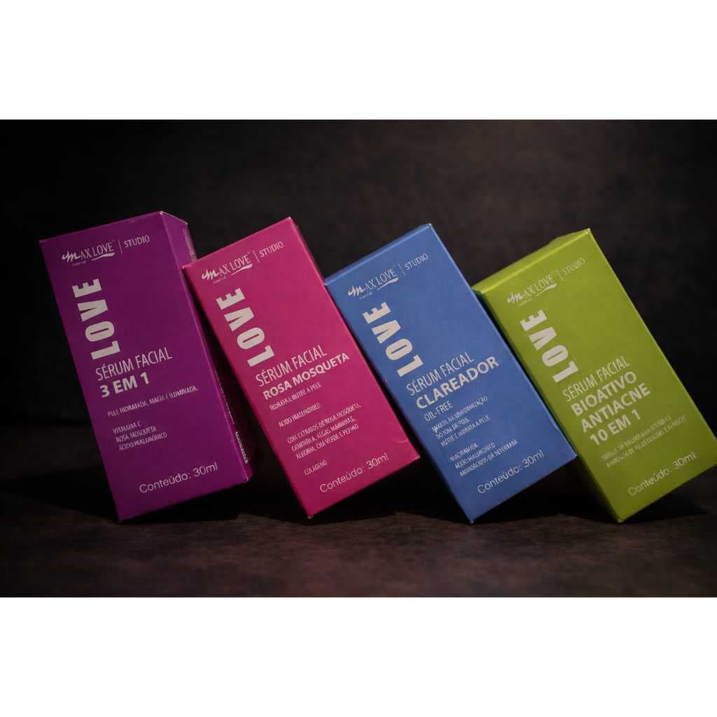 KIT MAX LOVE SERUM FACIAL 3 EM 1 - SERUM BIOATIVO ANTIACNE 10 EM 1 - SERUM CLAREADOR - SERUM ROSA MOSQUETA