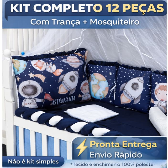 Kit Berço Almofadinha Astronauta Marinho 12 Peças Completo