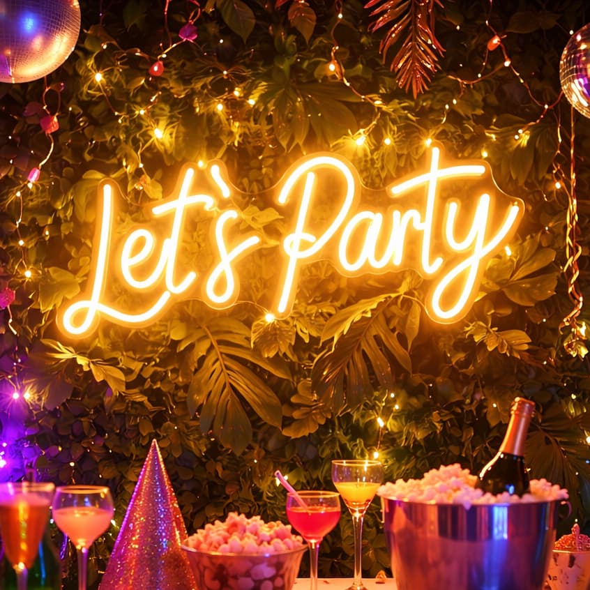 Letreiro Lets Party em Neon LED 70x20cm Decoração Festa Painel Instagramável Jardim Vertical