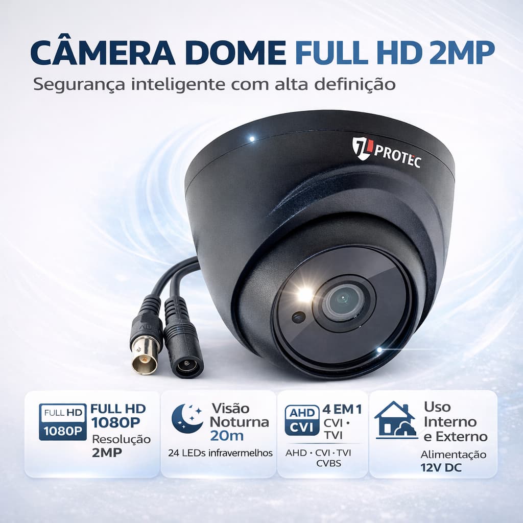 Câmera Dome 2MP Full HD 1080P 2.8mm 4 em 1 IP65 Alcance 20m