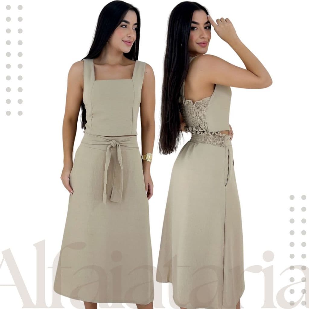 Conjunto Feminino Alfaiataria Saia Midi + Cropped Elegante