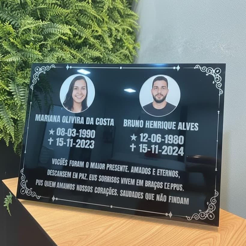 Placa Túmulo Gravação a Laser - Foto Colorida Lápide Jazigo Cemitério ACM - Memorial Personalizada