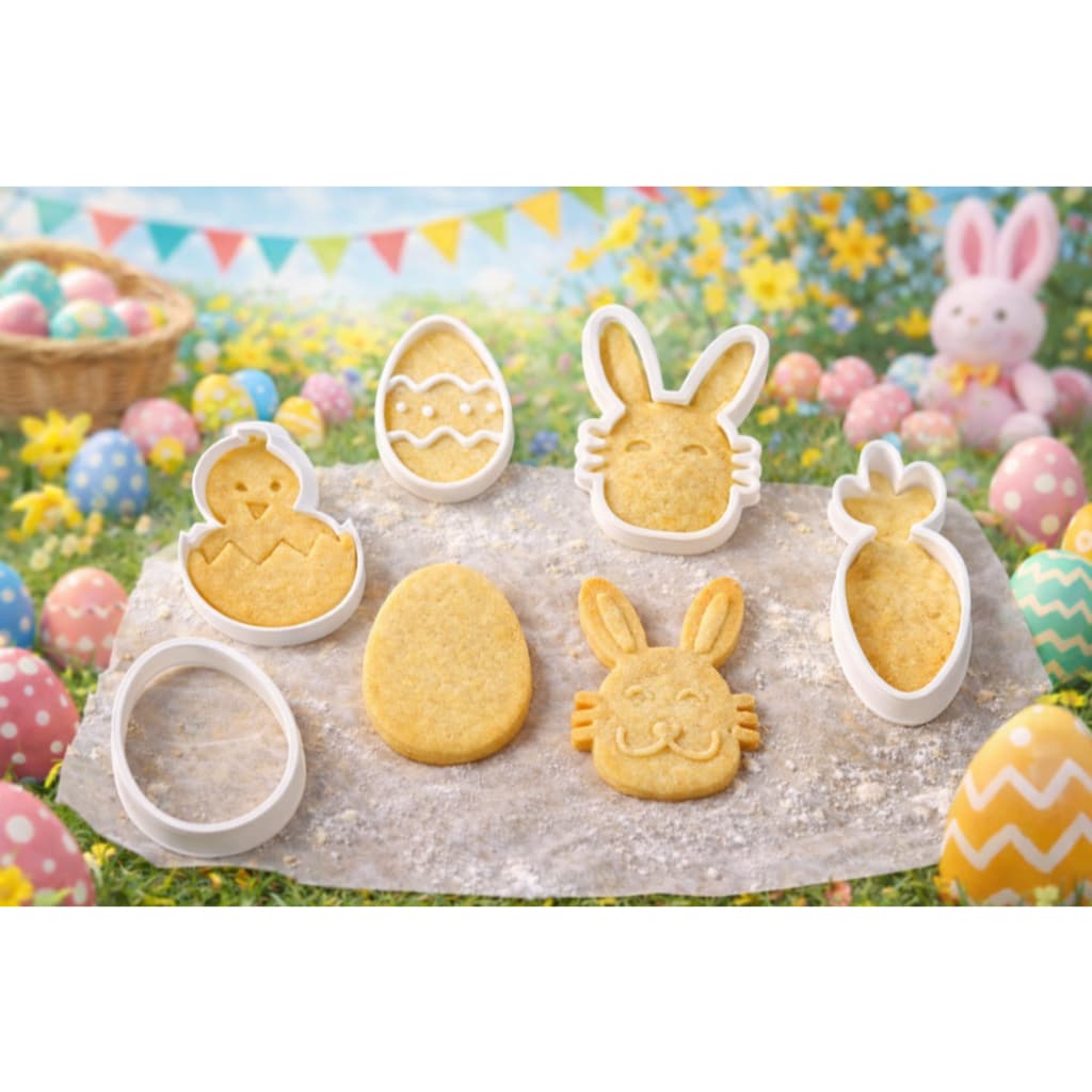 Kit 4 Cortadores e Carimbos de Biscoito 3D - Tema: Páscoa