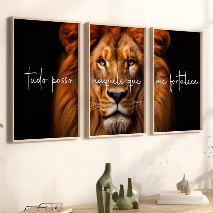 Kit 3 Quadros Decorativos Leão de Judá Tudo Posso Naquele que me Fortalece Moldura Vidro Quarto Sala