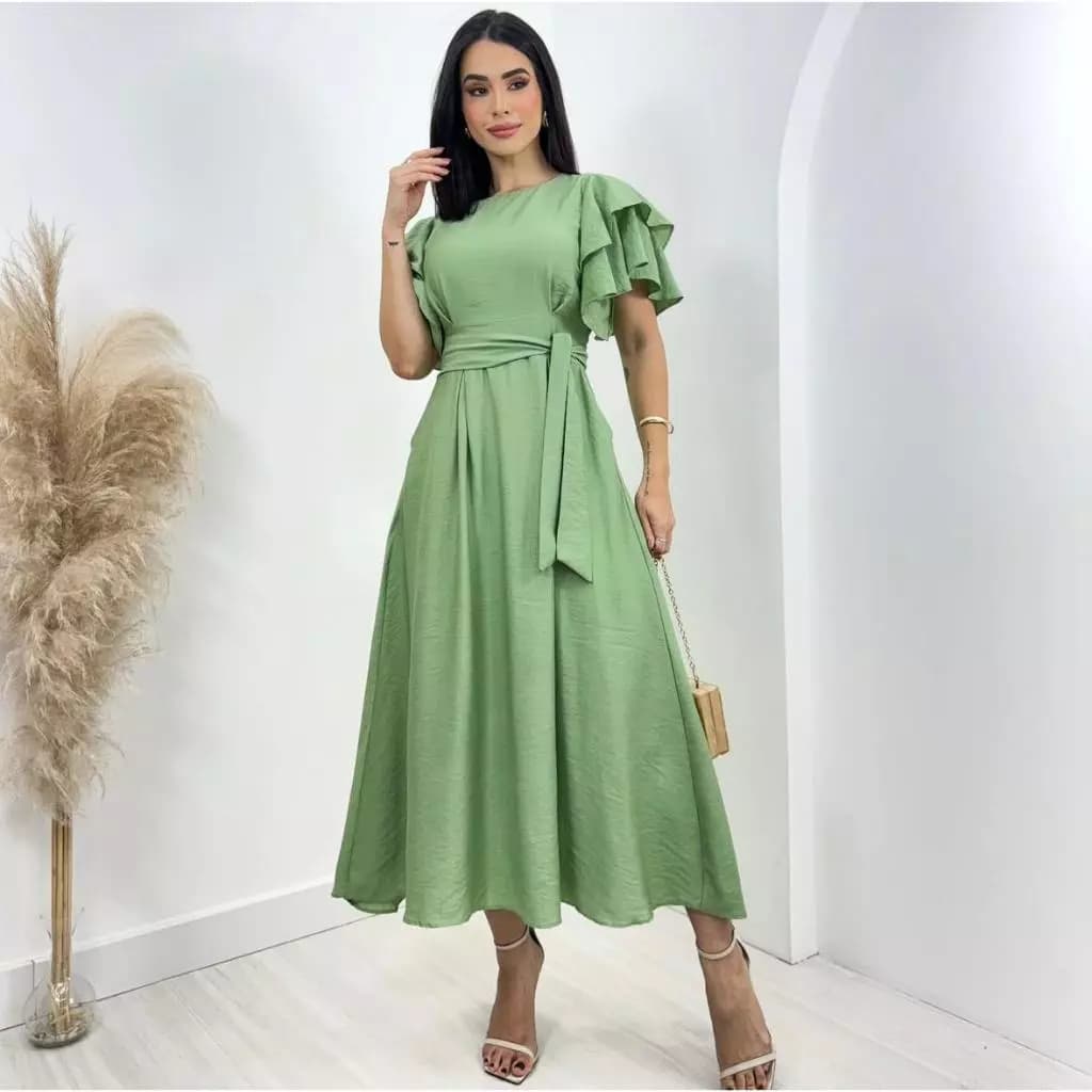 vestido longo midi com bolso manga bufante babado princesa cinto moda evangelica