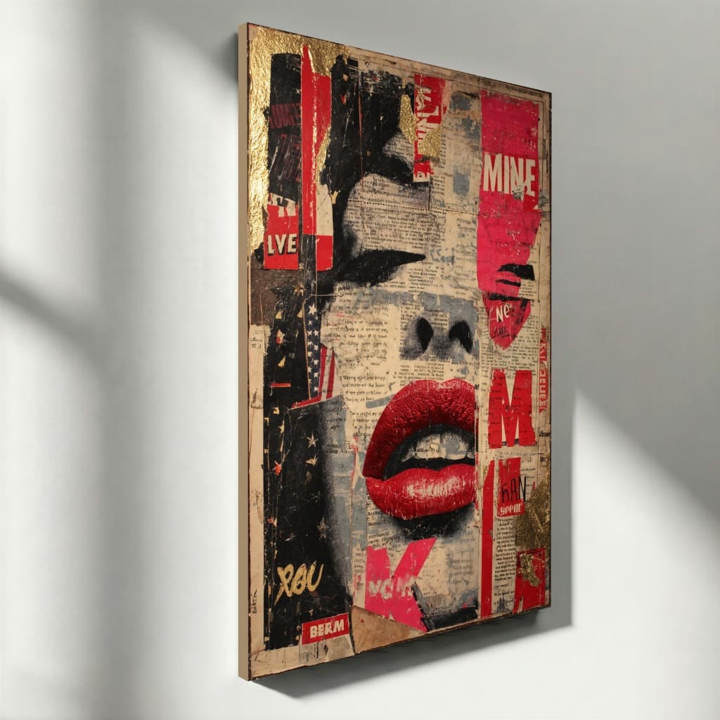 Quadro Decorativo Arte Urbana Colagem Vintage Lábios Vermelhos Vertical