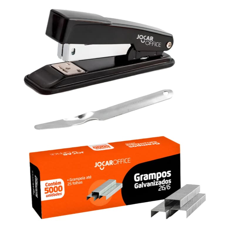 Kit Grampeador Metal + 5000 Grampos 26/6 Galvanizados Escritório Home Office Escola Papel Grampear